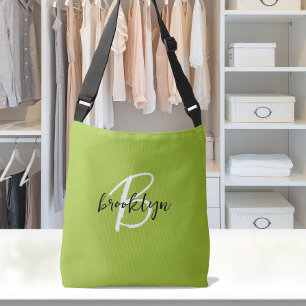 Trendy Lime Green Black White Script Monogram Crossbody Bag