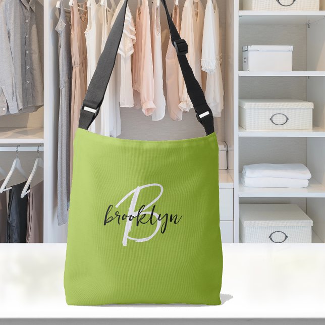 Trendy Lime Green Black White Script Monogram  Crossbody Bag (Creator Uploaded)