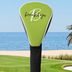 Trendy Lime Green Black White Script Monogram Golf Head Cover