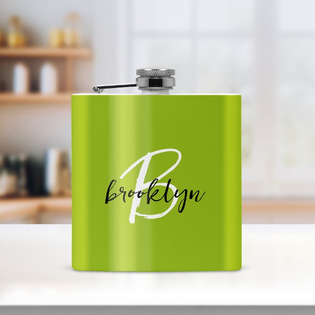 Trendy Lime Green Black White Script Monogram  Hip Flask (Creator Uploaded)