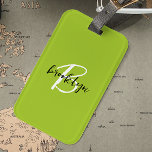 Trendy Lime Green Black White Script Monogram  Luggage Tag<br><div class="desc">This elegant personalised luggage tag feature a monogram and first name in modern black and white script on a trendy lime green background.</div>