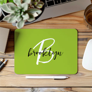 Trendy Lime Green Black White Script Monogram Mouse Pad