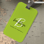 Trendy Lime Green Black White Script Monogram Name Luggage Tag<br><div class="desc">This elegant personalised luggage tag feature a monogram and first name in modern black and white script on a trendy lime green background,  with the full name in black sans serif font below.</div>