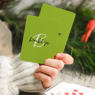 Trendy Lime Green Black White Script Monogram Playing Cards