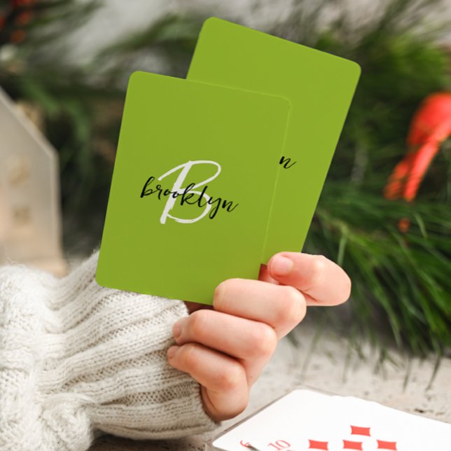 Trendy Lime Green Black White Script Monogram  Playing Cards (Creator Uploaded)