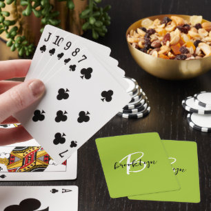 Trendy Lime Green Black White Script Monogram  Playing Cards