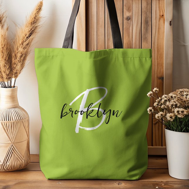Trendy Lime Green Black White Script Monogram  Tote Bag (Creator Uploaded)
