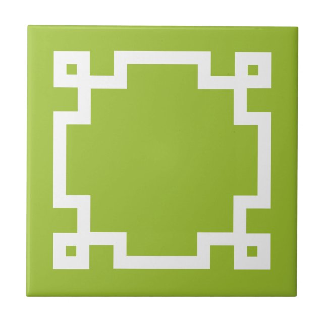 Trendy Lime Green White Greek Key Border Ceramic Tile (Front)