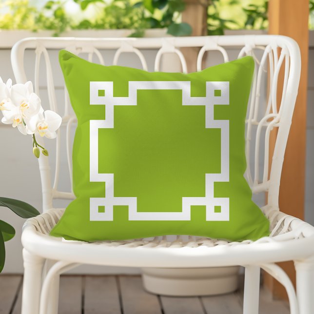 Trendy Lime Green White Greek Key Border Cushion (Creator Uploaded)