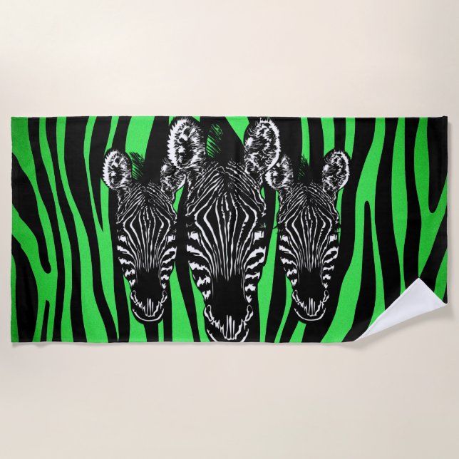 Trendy Lime Zebra  Herd on Zebra Print Beach Towel (Front)