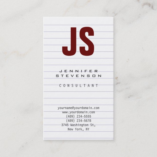 Trendy Lined Paper Pattern Monogram Business Card (Front)