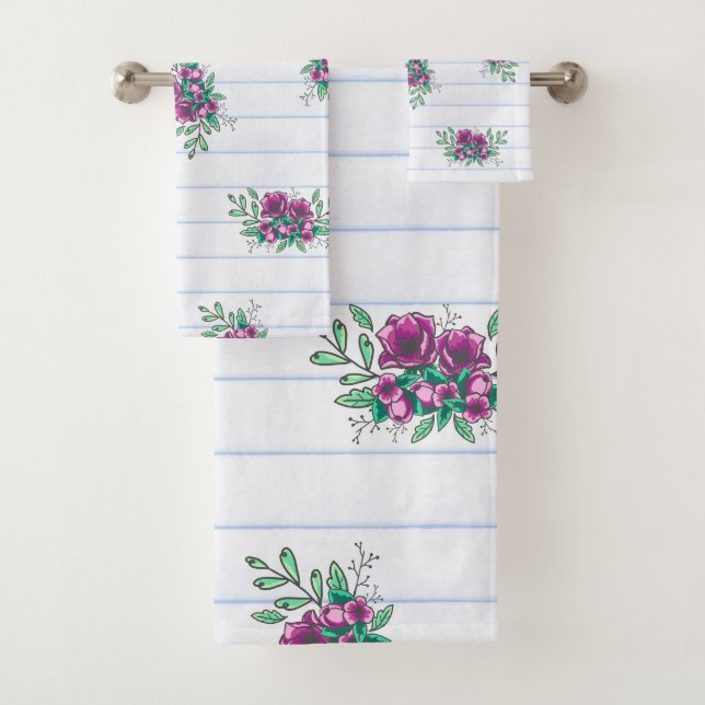 Trendy Lined Paper & Purple Doodle Florals Bath Towel Set (Insitu)