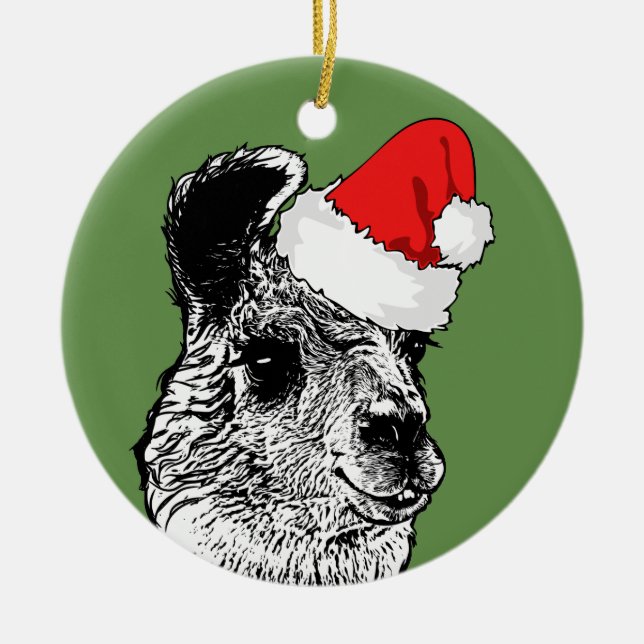 Trendy Llama & Santa Hat | Personalised Ceramic Ornament (Front)