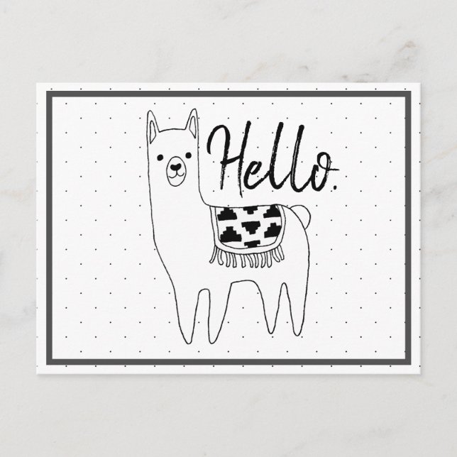 Trendy Llama Sketch & Black Dots Hello Postcard (Front)