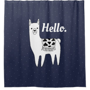 Trendy Llama Sketch & White Dots Hello Shower Curtain
