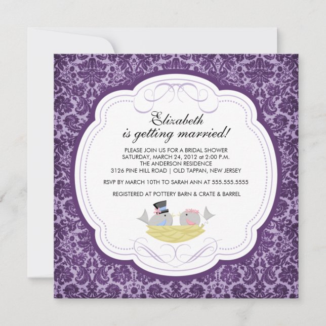 Trendy Love Birds Bridal Shower Invitation Purple (Front)