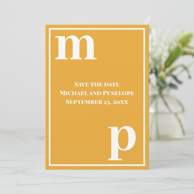 Trendy Lower Case Monogram Marigold Save the Date  Invitation (Standing Front)