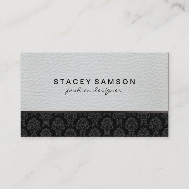 Trendy Luxe Leather with Stylish Damask Pattern Business Card (Front)