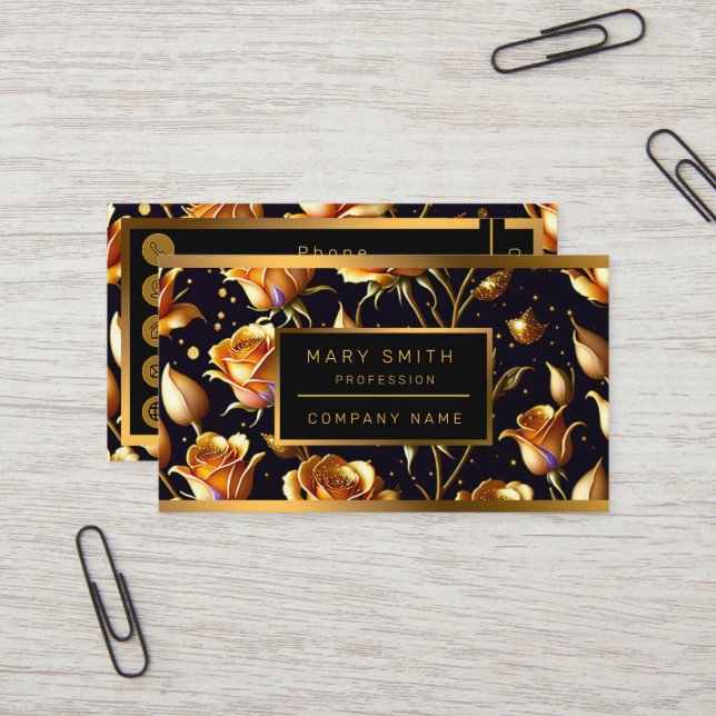 Trendy Luxury Big Gold Rose Collection Business Card (Front/Back In Situ)