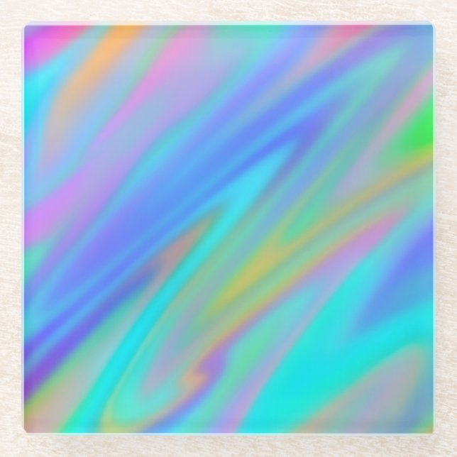 Trendy luxury green blue purple faux holographic glass coaster (Front)