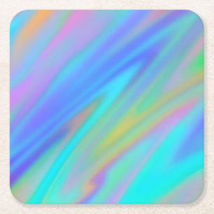 Trendy luxury green blue purple faux holographic square paper coaster
