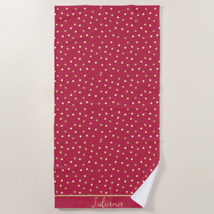 Trendy Magenta & Gold Confetti Dots Personalised  Beach Towel