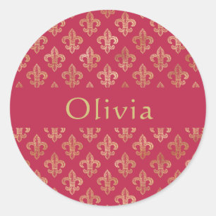 Trendy Magenta & Gold  Fleur De Lis Personalized  Classic Round Sticker