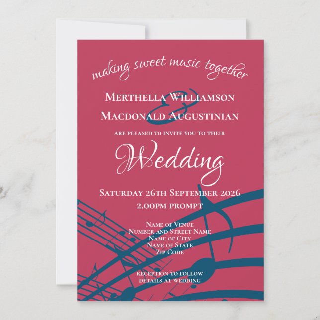 Trendy Magenta MUSIC NOTES Wedding Invitation (Front)