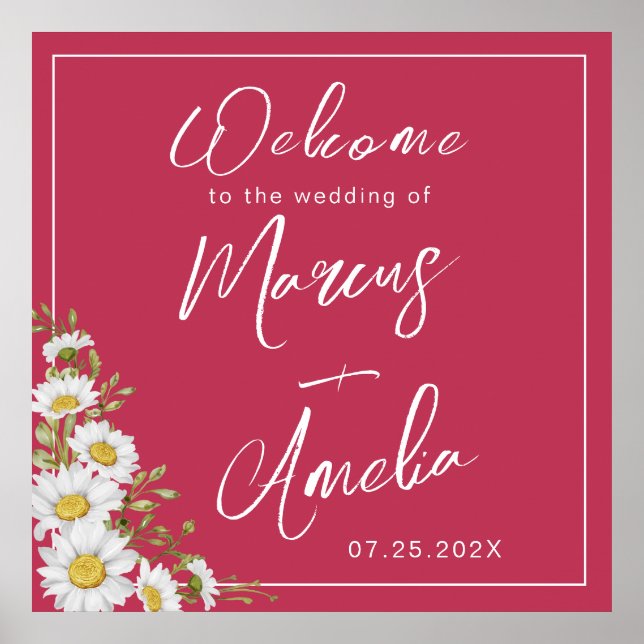 Trendy Magenta & White Daisies Wedding  Poster (Front)