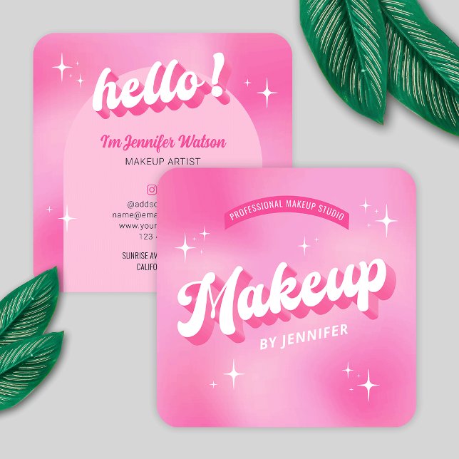 Trendy Makeup Artist Pink Girly Groovy Beauty Square Business Card (Modern groovy makeup artist business cards featuring retro fonts, girly pink hues and trendy design)