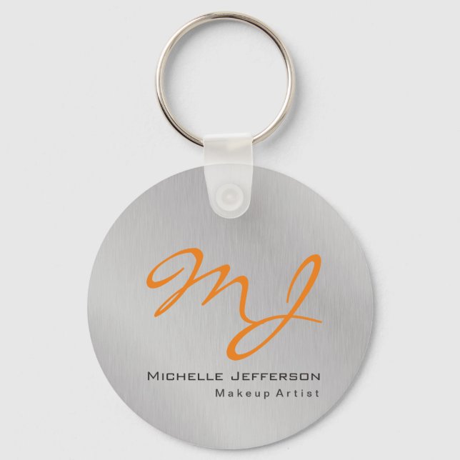Trendy Makeup Artist Silver Gray Orange Monogram Key Ring (Front)