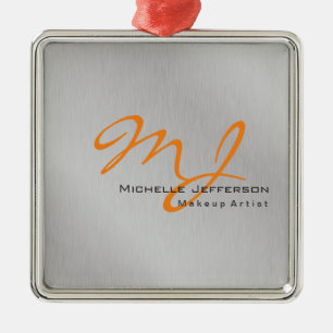 Trendy Makeup Artist Silver Grey Orange Monogram Metal Ornament