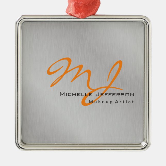 Trendy Makeup Artist Silver Grey Orange Monogram Metal Ornament (Front)