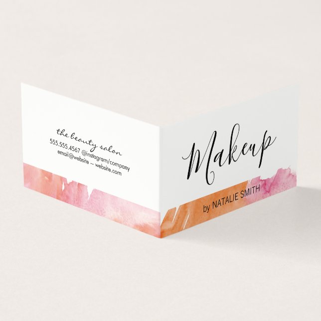 Trendy Makeup Artist Watercolor Business Card (Outside)