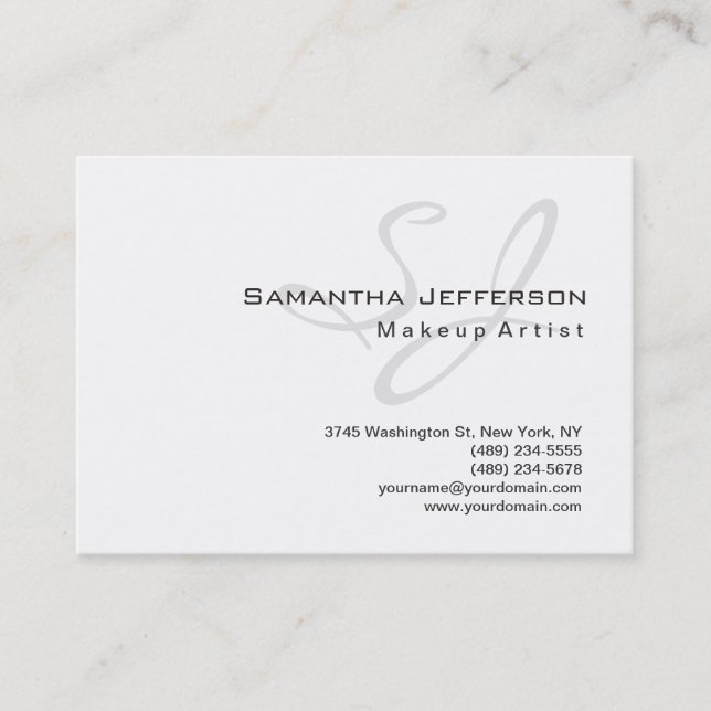 Trendy Makeup Artist White Grey Monogram Business Card (Front)