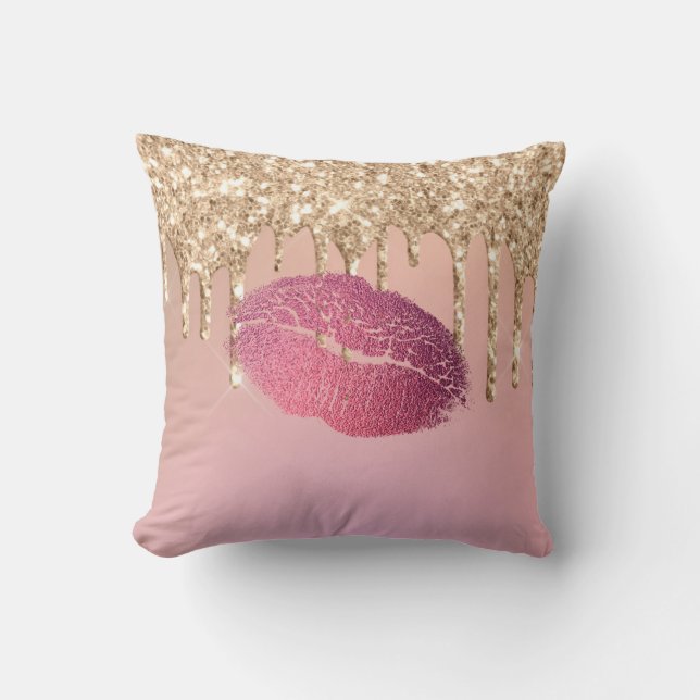 Trendy Makeup Lip Kiss Rose Gold Glitter Drips Cushion (Front)