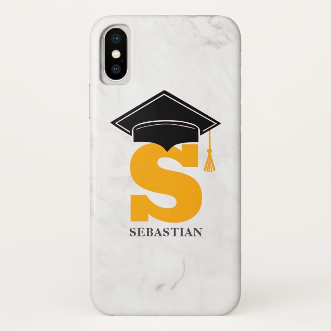 Trendy Marble Graduation Cap Tassel Name Monogram Case-Mate iPhone Case (Back)