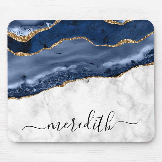 Trendy Marble Navy Blue Gold Agate Monogram Mouse  Pad (Front)