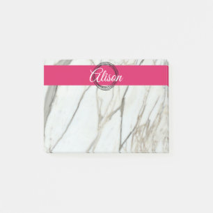 Trendy marble, pink custom name  post-it notes