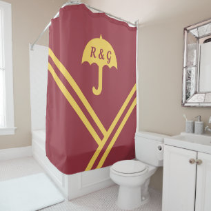 Trendy Maroon Gold Stripes Umbrella Initials Shower Curtain