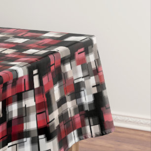 Trendy Maroon Red Black White Abstract Plaid Tablecloth