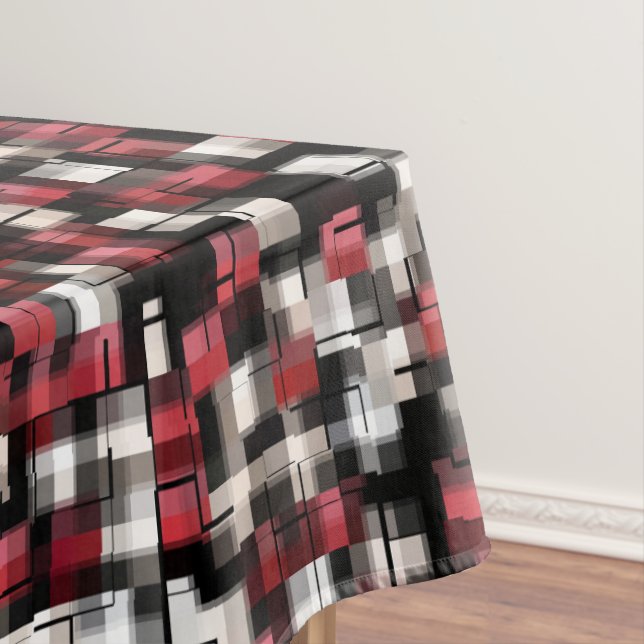 Trendy Maroon Red Black White Abstract Plaid Tablecloth (In Situ)