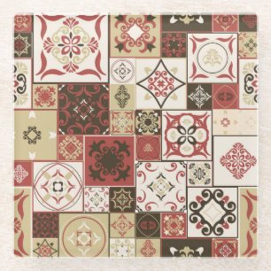 Trendy Marsala Moroccan Tile Pattern Glass Coaster