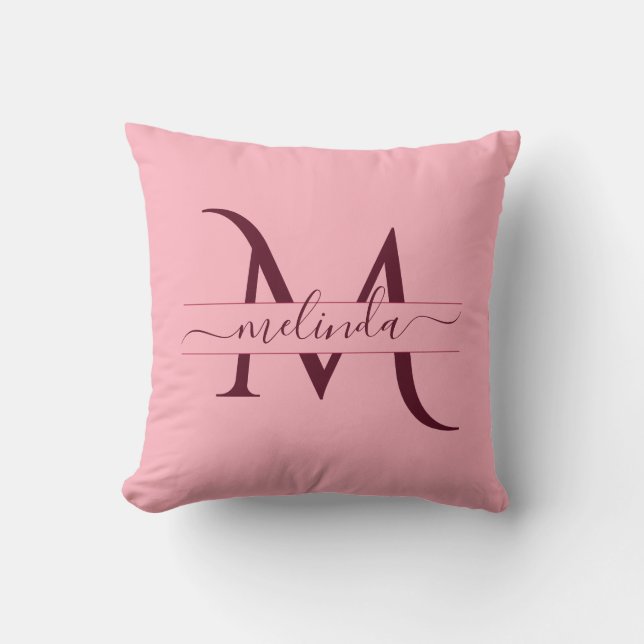 Trendy Merlot Burgundy Pink Monogram Feminine Cushion (Front)