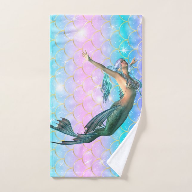 Trendy Mermaid On Mermaid Tail Scales Shiny Bath Towel Set (Hand Towel)