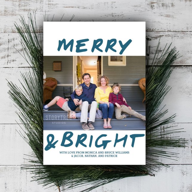 Trendy Merry and Bright Photo Card | Blue (Blue Merry and Bright Christmas Photo Card)