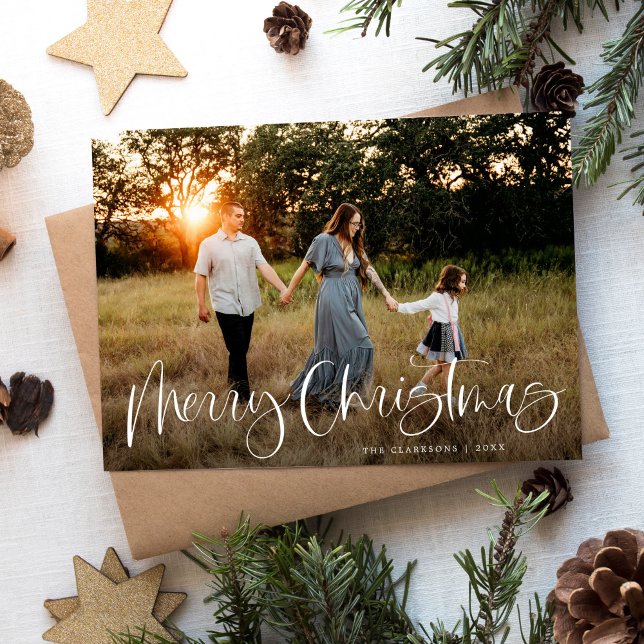 Trendy Merry Christmas Calligraphy 2 Photo Holiday Card (Creator Uploaded)