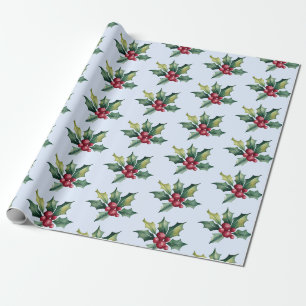 Trendy Merry Christmas Holly and Berries Pattern   Wrapping Paper