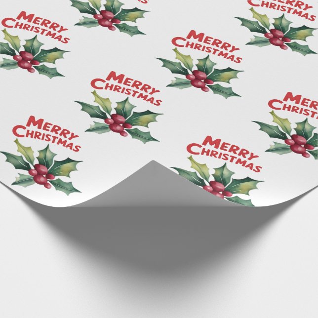 Trendy Merry Christmas Holly and Berries Pattern   Wrapping Paper (Corner)