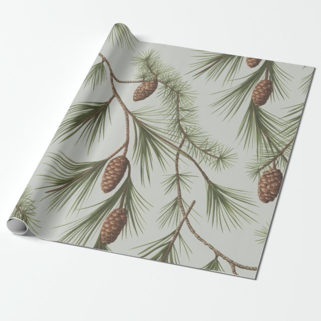 Trendy Merry Christmas Pine Cones and Branches     Wrapping Paper (Unrolled)